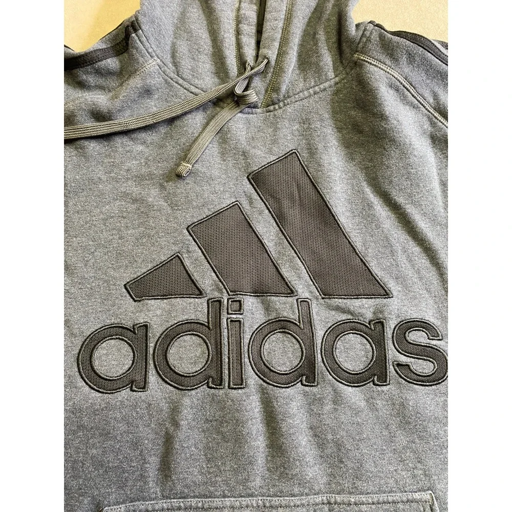 Adidas Mens Heather Gray Pullover Hoodie 3-Stripe Logo Sweatshirt Size L